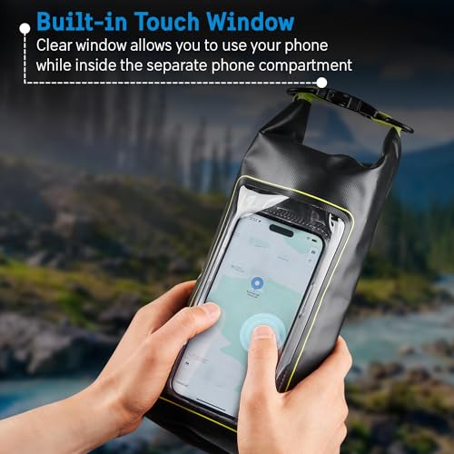 Image of Pelican Marine IP68 Waterproof Dry Bag 2L w /Phone Pouch /Case - Black /Yellow | Roll Top Waterproof Backpack with Touchscreen Phone Pouch - Swimming, Kayaking, Camping, Rafting, Fishing & Travel Essentials