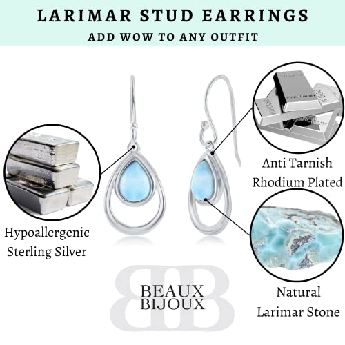 Beaux Bijoux Sterling Silver Larimar Teardrop Earrings for Women | Beautiful Natural Dominican Larimar Jewelry | Pear Shaped Blue Larimar Stones | Unique Dangle Hypoallergenic Earrings…3