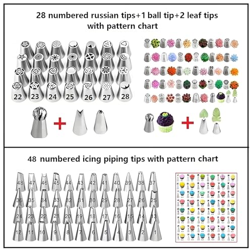 YOQXHY 193 Pcs Russian Piping Tips Set, with 28 Numbered Russian Tips,48 Numbered Icing Tips,1 Ball Tip,2 Leaf Tips,Pattern Chart,100 Pastry Bags,4 Couplers,6 Bag Ties for Cake Decorating