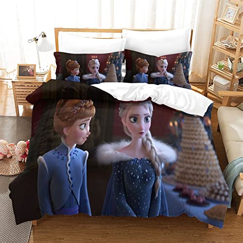 YINGD Juego de funda de edredón para cama doble, diseño de dibujos animados de Frozen, para niños, adolescentes, niños y niñas, adultos, con cierre de cremallera y fundas de almohada a juego