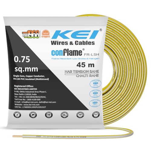 Image of KEI CONFLAME FRLSH 0.75 sqmm 1 Core Copper Heat Resistant Flame Retardant Low Smoke & Halogen - Lead Free House Wire for Domestic & Industrial Electrical Wiring (Yellow, 45 Meters)