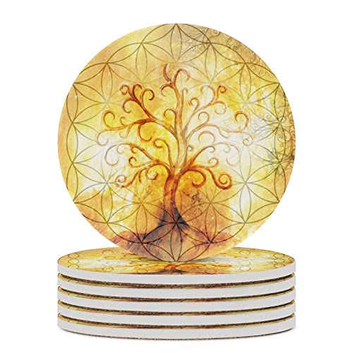 Posavasos para Tazas de Bebidas, 1 a 6 Juegos de 1 a 6 Juegos de Espacio con símbolo de Vida de árbol, Lavable, para café, Cerveza, Vino, decoración de inauguración de la casa, Regalo de Boda, 10cm