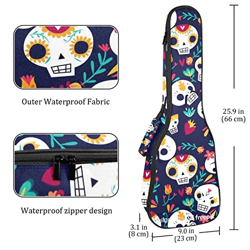 Étui ukulélé ténor imperméable à motifs crânes fun avec double bretelle