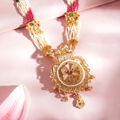 Image of Rubans Pearl Long Necklace Set Gold Plated Traditional Stylish Jewellery Gift for Women & Girls