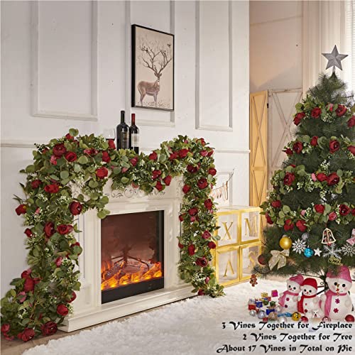 Ponking Flower Garland, Artificial Rose Vine Flowers Plants, Hanging Fake Roses Vine For Room Anniversary Wedding Birthday Christmas Wall Arch Decor, 3 Vines Together, Red Floral Garland #TOP4