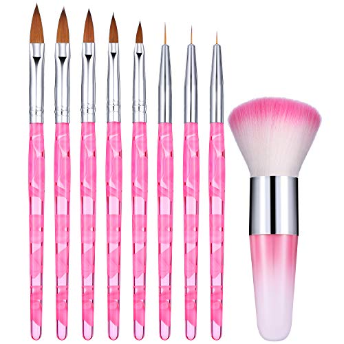 9 Pieces Acrylic Nail Brush Set UV Gel Nail Tips Builder Brush Nail Painting Brush Pen Nail Art Liner Brush Set with Nail Art Dust Remover Powder Brush for DIY Nail Art Salon
