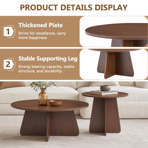 Kaicollective Nesting Coffee Table Set of 2, Round Wooden Coffee & Side Tables with Tapered Base, Walnut Finish, Mid-Century Modern Accent Furniture for Living Room Bedroom, Space-Saving Design - Image 4
