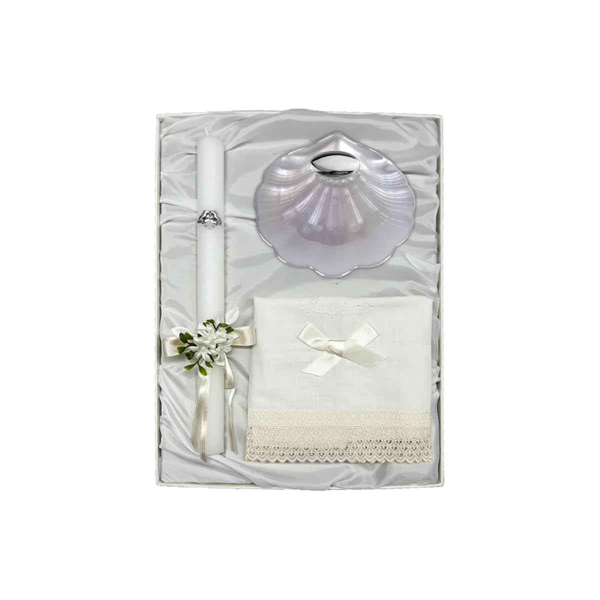Trousse de baptême de bougie avec ruban, tissu de lin et coquillage de baptême nacre