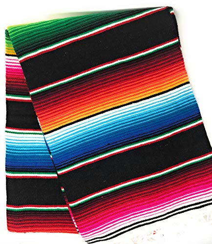 Mexitems Large Authentic Mexican Blanket Colorful Serape Blanket 7′ X 5′ (Pick Your Color) (Black)