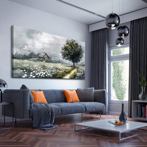 ERQINHUA Gray Large Canvas Wall Art For Living Room Farmhouse Wall Decor For Bedroom Office Home Decor Field scenery Paintings Tree Landscape Wall Pictures Printed Artwork Ready to Hang 30"X60"