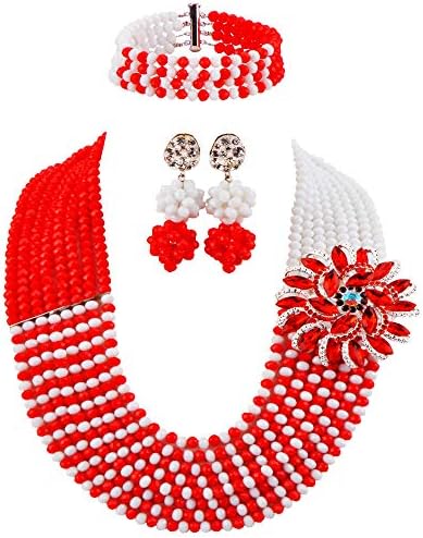 laanc Jewellery 8 Rows Red and Multicolor Gradient Crystal African Beads Nigerian Wedding Jewelry Sets (Opaque Red White)