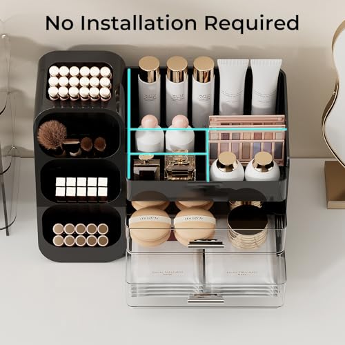 Image of UFORU Makeup Organizer for Vanity with Brush Holder, Large Capacity Bathroom Countertop Skincare Organizer with 2 Drawers, Cosmetic Display Case for Perfumes, Eyeshadow Palettes, Nail Polishes