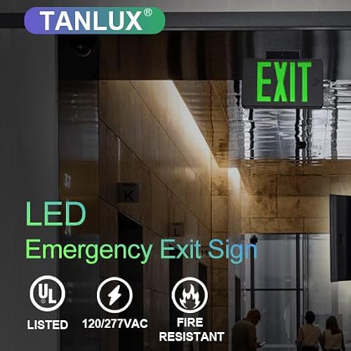 TANLUX Green Exit Sign with Black Housing, LED Emergency Exit Light with Battery Backup, UL Listed, Hardwired Exit Signs with Emergency Lights, Commercial Emergency Lights for Business - 2 Pack