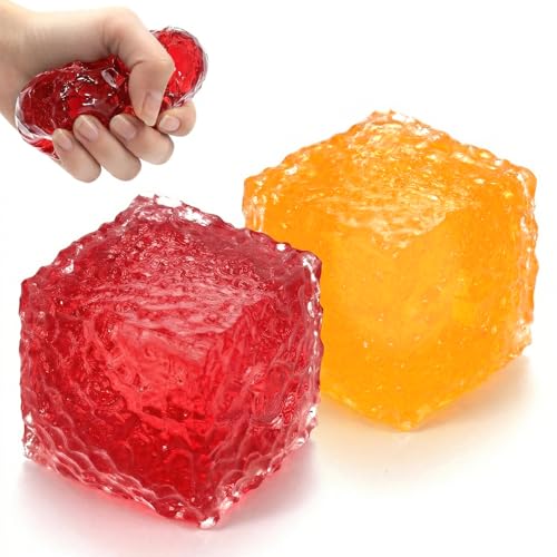 Plman 2PCS Frosted Honeycomb Ice Cube Squishy, Squeeze Stress Relief Cubes for Adults Anxiety & Focus, Slow Rising Squishy Stress Cube for Classroom Prizes Party Favors 2 Inches (Red & Orange)