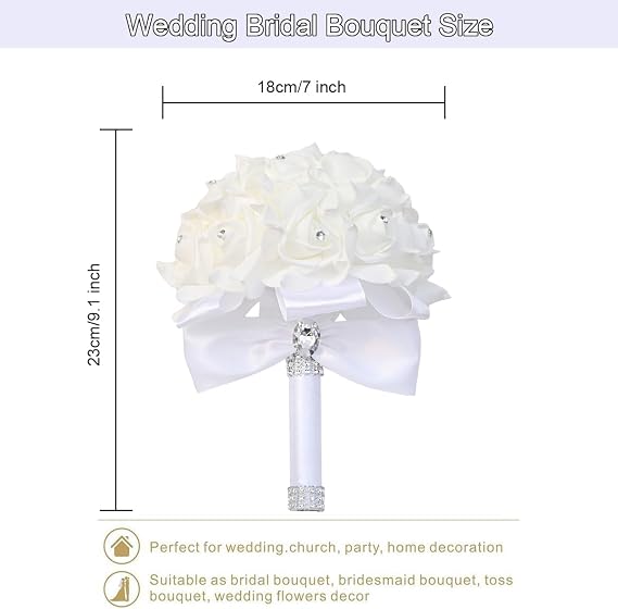 White Wedding Bouquets for Bride,23 x 17cm Bridal Bridesmaid Holding Flowers with Crystal Diamond and Soft Ribbons,Rose Bridal Flower,Bridesmaid Hand Flower,Wedding Artificial Bouquet
