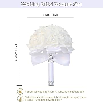 White Wedding Bouquets for Bride,23 x 17cm Bridal Bridesmaid Holding Flowers with Crystal Diamond and Soft Ribbons,Rose Bridal Flower,Bridesmaid Hand Flower,Wedding Artificial Bouquet