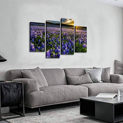 Hipolotus 4 Panel Canvas Pictures Texas Bluebonnet Field In Sunset At Muleshoe Bend Recreation Area Wall Art Prints Paintings Stretched & Framed Poster Home Living Room Decoration Ready To Hang #TOP2