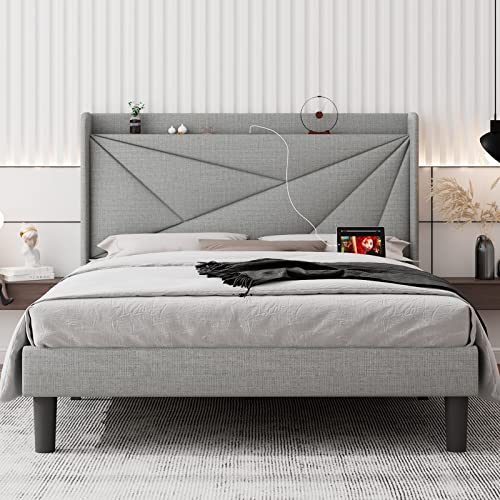 Ipormis Queen Size Upholstered Platform Bed Frame With Type C & Usb Ports And Storage Headboard, Geometric Bed Frame With Wingback, Wood Slats, Noise-Free, No Box Spring Needed, Light Grey #TOP18