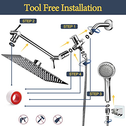 Shower Head, Kveleka 10'' Rainfall Shower Head With Handheld, Rain Shower Head High Pressure With Angle/Height Adjustable Extension Arm, 5 Settings Handheld Shower Head With Hose, Shower Head Combo #TOP6
