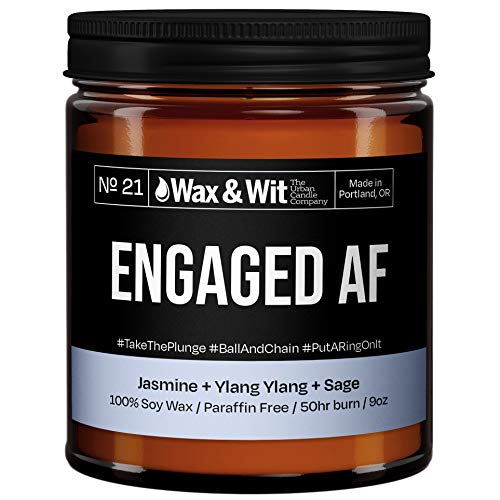 WAX & WIT Engagement Gifts for Couples - Scented Soy Candle Infused with Jasmine, Ylang Ylang, Sage - Bride Gifts, Gifts for Her, Bridal Shower Gifts - (1) 9oz Glass Candle (Engaged AF)