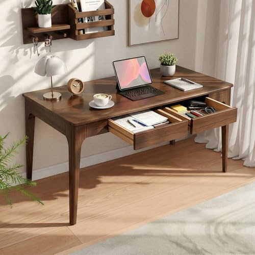 Zevemomo Solid Wood Desk with Drawers Home Office Writing Solid Wooden Desks for Work Study Gaming 47inch Student Computer PC Solid Wood Desk with Storage Drawers for Bedroom Living Room Walnut