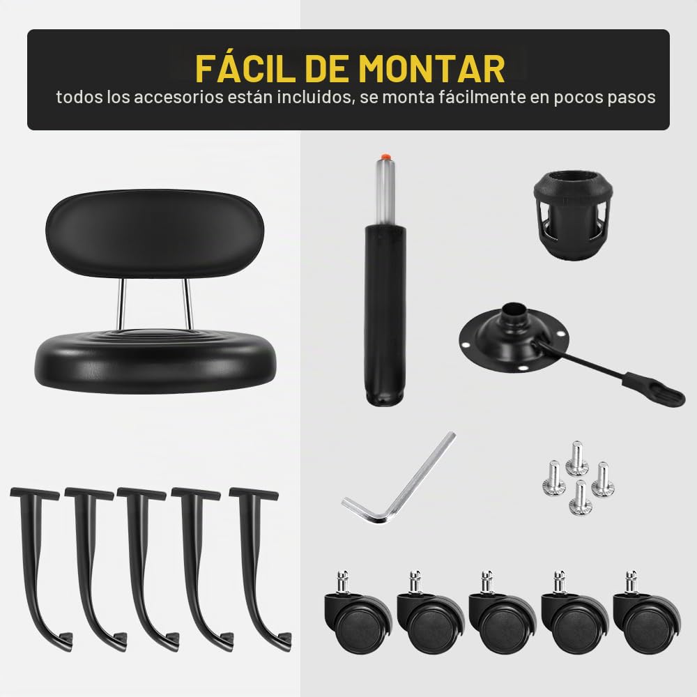 Taburete giratorio con ruedas, silla giratoria con altura ajustable, de piel sintética, ideal para spa, salón, hogar, oficina, trabajo de dibujo (negro)