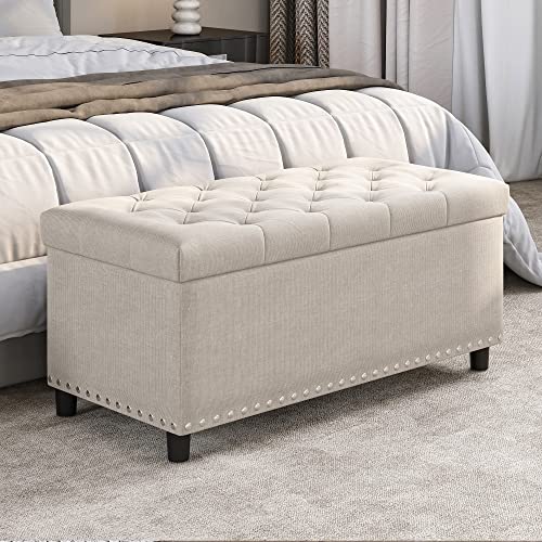 Image of BELLEZE Storage Ottoman, Tufted Ottoman with Close Hinge, Foot Rest for Living Room (Beige, 31 inch)