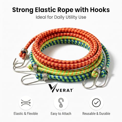 Image of VERAT High Strength Stretchable Elastic Rope /Bungee Cord - Versatile for Hanging Clothes, Tying Behind Bikes, etc. (2m + Expandable) (Multicolour, Pack of 1)