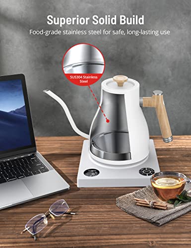 Image of Paris Rhone Gooseneck Electric Kettle, Temperature Variable Tea Kettle for Coffee Tea Brewing, 1L Stainless Steel Electric Kettle, 2H Keep Warm, Built-in Stopwatch, White