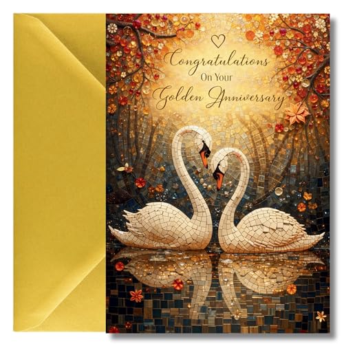 LimaLima 50th Wedding Anniversary Card Golden Gift Swans Design For Husband Wife & Couples