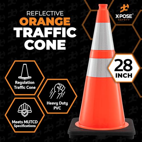Image of Xpose Safety 28 inch Orange Traffic Cones, 24-Pack, 6 inch & 4 inch Collar
