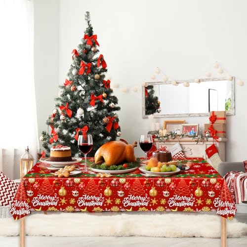 Merry Christmas Tablecloth, 2 Pack Plastic Red Disposable Rectangle Santa Claus Snowman Xmas Table Cloth Cover for Winter Christmas Party Decorations, 54 x 108 Inch – Image 4