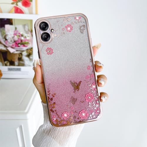 Image of Case for Galaxy A04e, Rose Gold Glitter Crystal Soft TPU Stylish Butterfly Floral Heart Clear Protective Cover with Strap