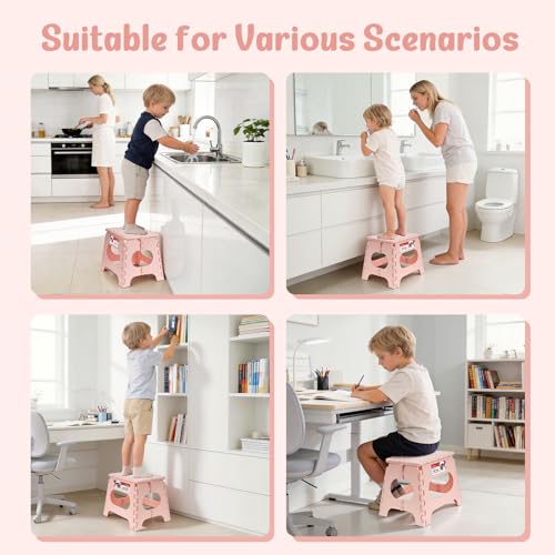 Image of ACSTEP Folding Step Stool 11 Inch, Sturdy Plastic Foldable Step Stool for Kids & Adults, Non Slip Lightweight Collapsible Foot Stools Holds 300 lbs, Ideal for Kitchen, Bathroom, Bedroom, Light Pink