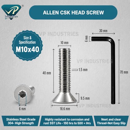 Image of By inchVP INDUSTRIES inch (Pcs-15) M10x40 mm Allen CSK Head Screw Black Zinc Plated High Tensile | Countersunk Screw for Modular Furniture, Wooden Work, Electrical Fittings, DIY & Industrial Use