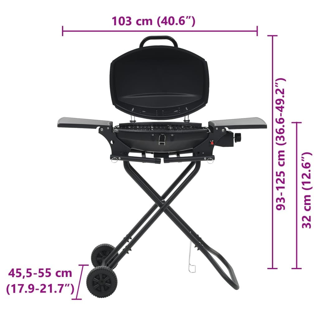 Przenośny grill gazowy, czarny, ze strefą gotowania, stal malowana proszkowo, 103 x 47 x 97 cm, powierzchnia grillowania 0,15 m², zapłon piezoelektryczny, składane półki, 2 rolki na taras