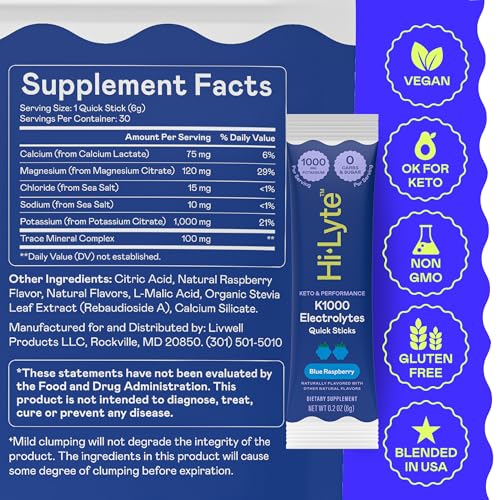 Image of Hi-Lyte K1000 Blue Raspberry Electrolytes Powder Packets, 30 Servings - 1000mg Potassium + Magnesium, Sodium, Trace Minerals - 0 Carbs, 0 Sugar