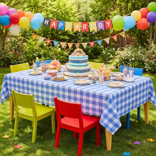 Image of Party Dimensions Blue Gingham Disposable Plastic Tablecloths for Rectangle Tables, 54 inch x 108 inch, 12-Pack, Plastic Table Covers for Parties, Picnics, Events, Indoor & Outdoor Use