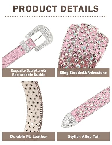 Rhinestone Belts for Women Men, Bling Studded BB Belt for Western Cowboy Cowgirl Sparkly Diamond Bedazzled Leather Belt3