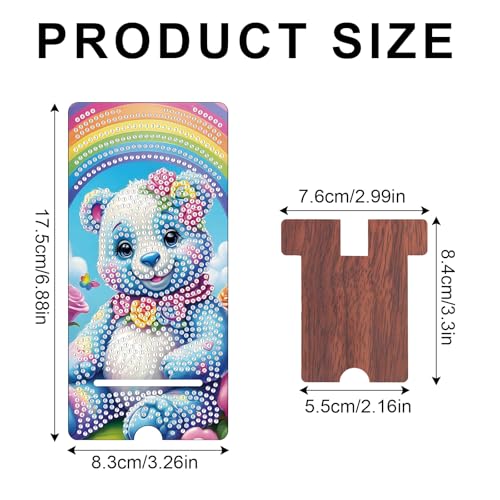 Image of Bear in Rainbow Diamond Painting Phone Stand with Mirror, DIY Wooden Diamond Art Desktop Holder, 2-in-1 Diamond Painting Tabletop Ornament - Phone Stand and Mirror for Home and Office