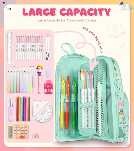 Image of Dravina Canvas Large Capacity Pencil Pouch with 3 Zippers & 5 Compartments| Aesthetic Stationary Standing Pencil Case| Waterproof School Box for Girls & Boys Unicorn Pencil Box (Green Dinosaur)
