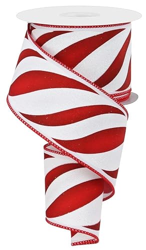 Craig Bachman Candy Stripe Ribbon, 2.5 Inch x 10 Yards, Red and White Swirl Pattern, Wired Edge