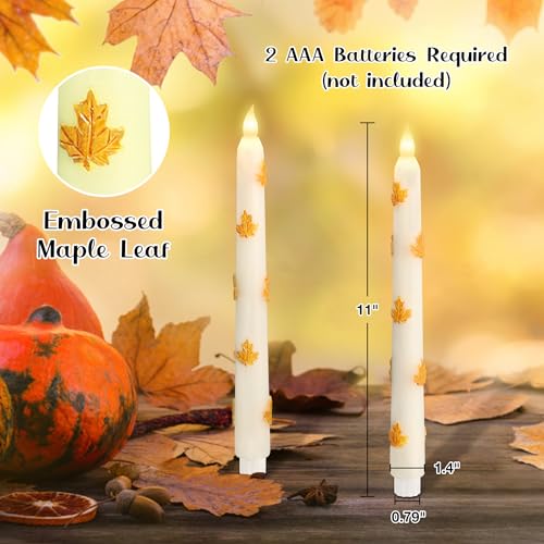 Image of Fall Decor LED Taper Candles with Remote Control & Timer Function, Embossed Autumn Maple Leaf Design Flameless Taper Candles for Home Party Autumn Decorations, Set of 2