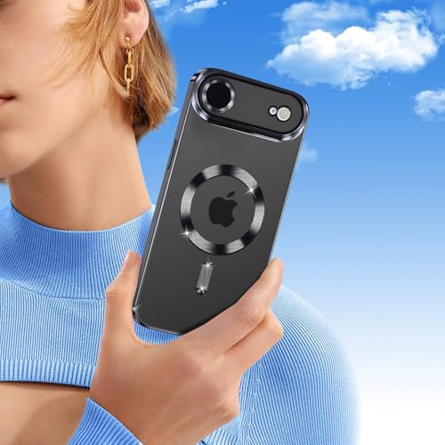 Image of VONZEE Electroplating Transparent Clear Logo Back Cover Case TPU Compatible with iPhone 17 Air, Compatible with Magsafe, Full Body & Individual Camera Protection for Each Lens for Men & Women (Black)
