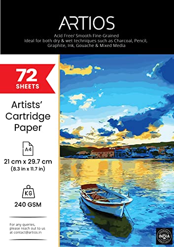 Image of ARTIOS Mixed Media Cartridge Paper A4 240 GSM - 72 Drawing Sheets for Artists, Ideal for Charcoal, Graphite, Acrylic, Watercolor, Gouache, Ink, & Other Mixed Media