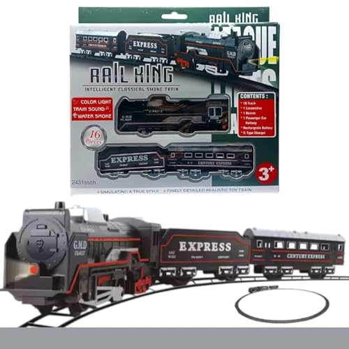 Image of Rail King Intelligent Classical Smoke Train - Rechargeable 16-21‑Piece Set with Tracks, Locomotive & Carriages, Featuring Light, Sound & Realistic Water Smoke for Kids (Color May Very)