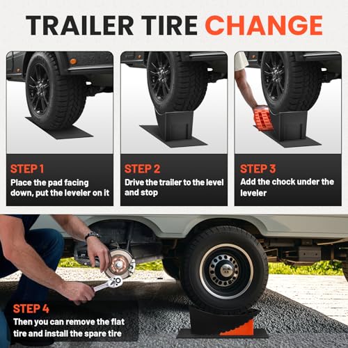 Image of ROBLOCK Tandem Trailer Tire Change Ramp, Tire Lifts Up to 6.3 inch, Raised Tire Change Ramp for Trailers Campers, RV Leveling Blocks with Chocks, Carry Bag, Dual Axle Tandem Wheel Aid,1 Pack