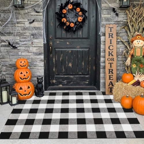 Cotton buffalo plaid outdoor rug, 3x5, black & white