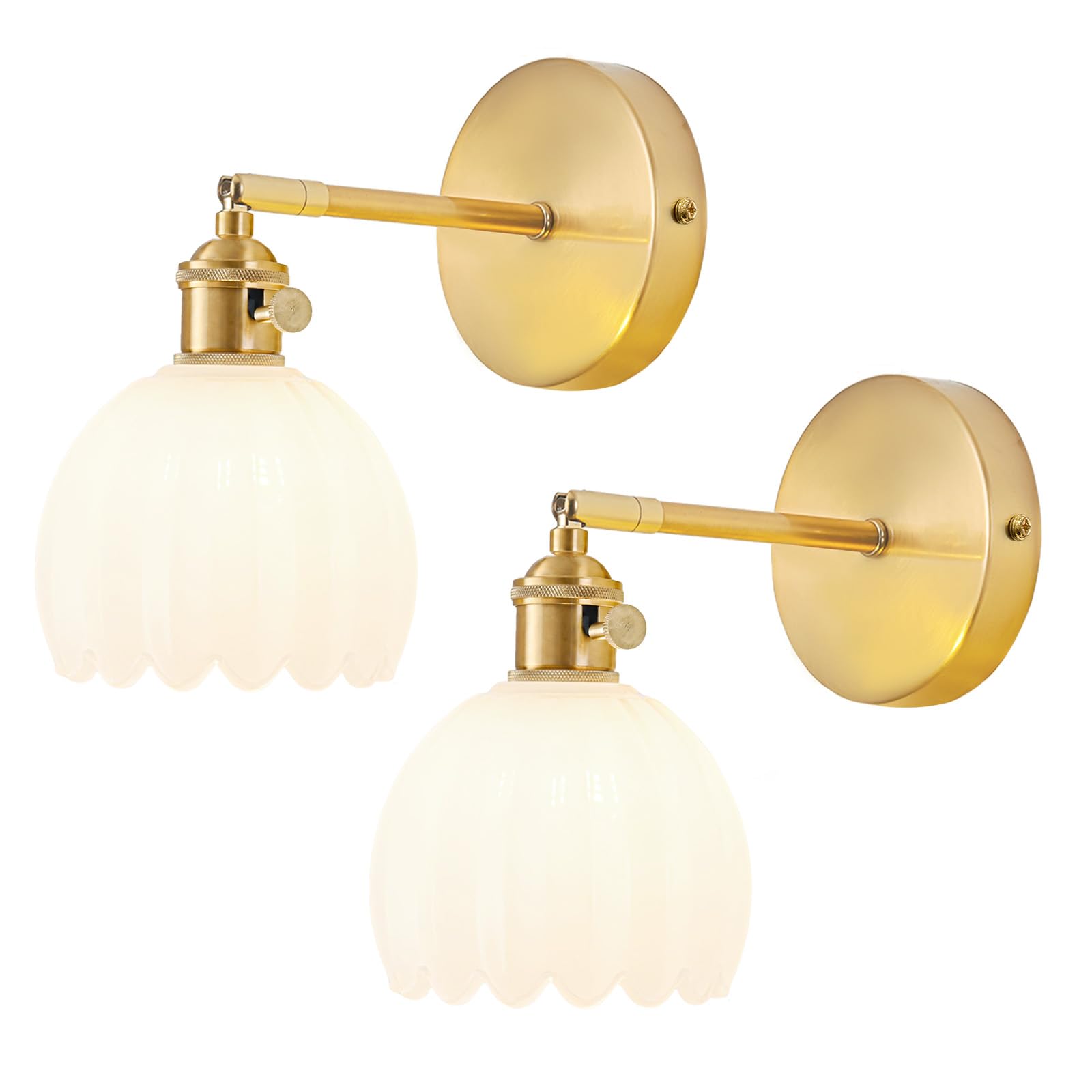 NETHCUEL Wall Sconce Lights Set of Two Hardwired, Vintage Wall Lights with Tulip Milk White Glass Lampshade, Bathroom Wall Sconces with Switch, Wall Light Wall Decor Set of 2, Light Bulb Not Included