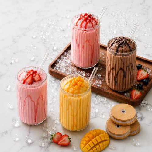 Image of Drinking Ribbed Glasses Tumbler with Bamboo Lid and Straw (Pack of 2), 400ml Travel Cocktail Glass Sipper Bottle for Juice Boba Iced Tea Coffee Hot Cold Drink Cup